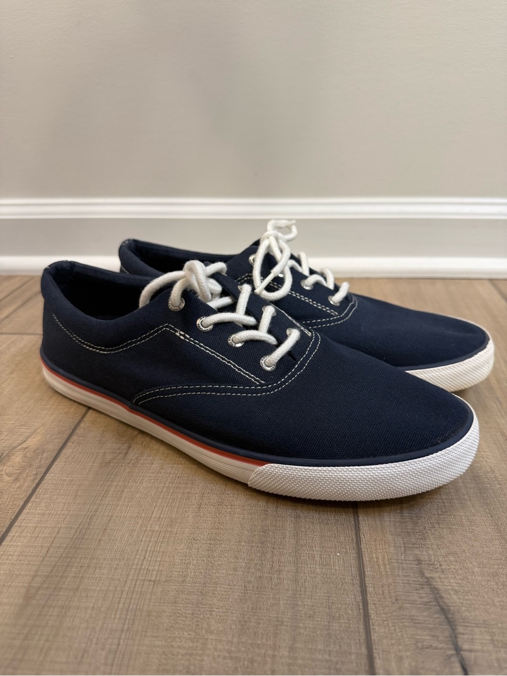 Sperry Navy Canvas Boat Shoes with White Laces